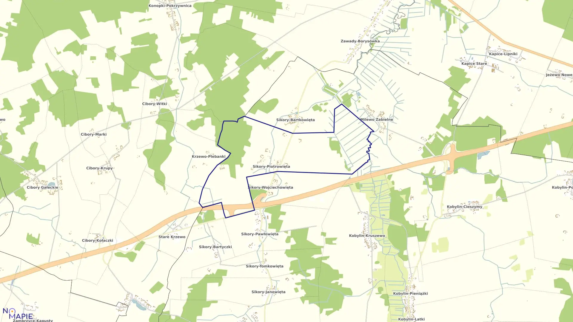 Mapa obrębu SIKORY-PIOTROWIĘTA w gminie Kobylin-Borzymy